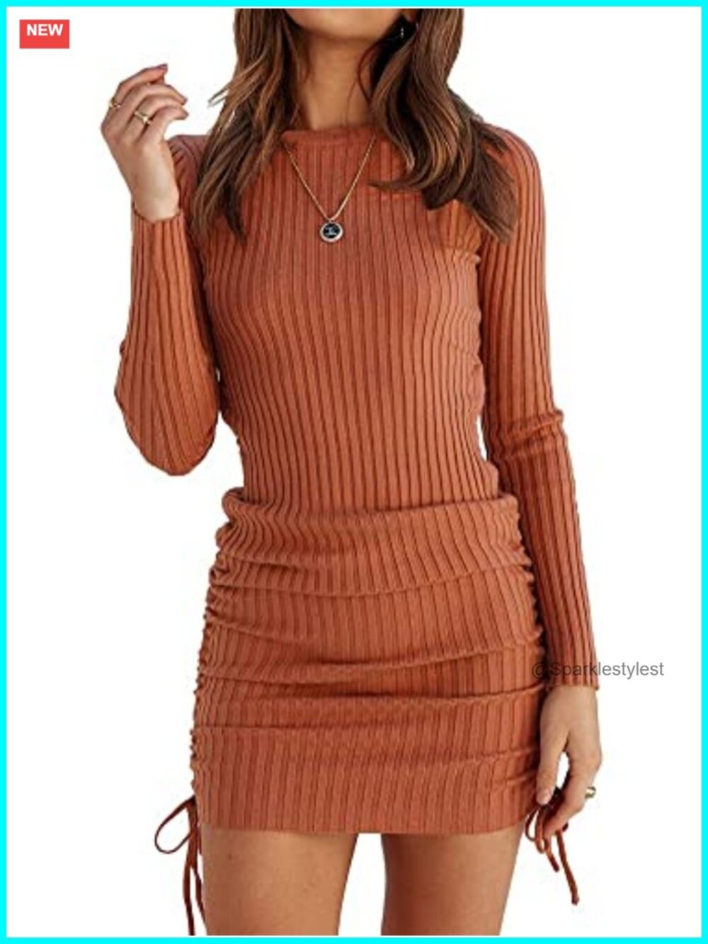Women's Long Sleeve Ribbed Knit Bodycon Mini Dress Ruched Drawstring Sweater